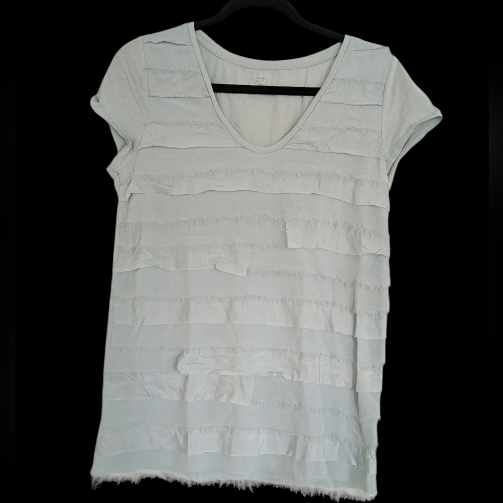 Ann Taylor Loft Tiered Ruffle Front Short Sleeve Pullover Top Light Blue